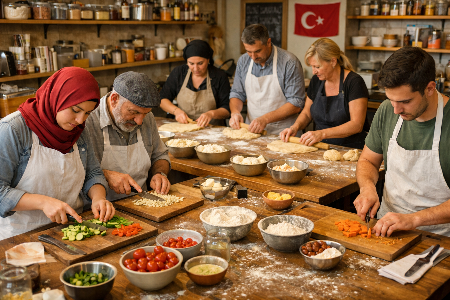 Atolye ortaminda yemek hazirlayan katilimcilar